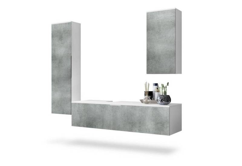Vladon Badmöbel-Set Beach, (Badezimmer-Set, mit 2 Hochschränken und 1 Unterschrank), Korpus Weiß matt/Fronten Beton Dunkel Optik (189 x 193 x 51 cm) von Vladon