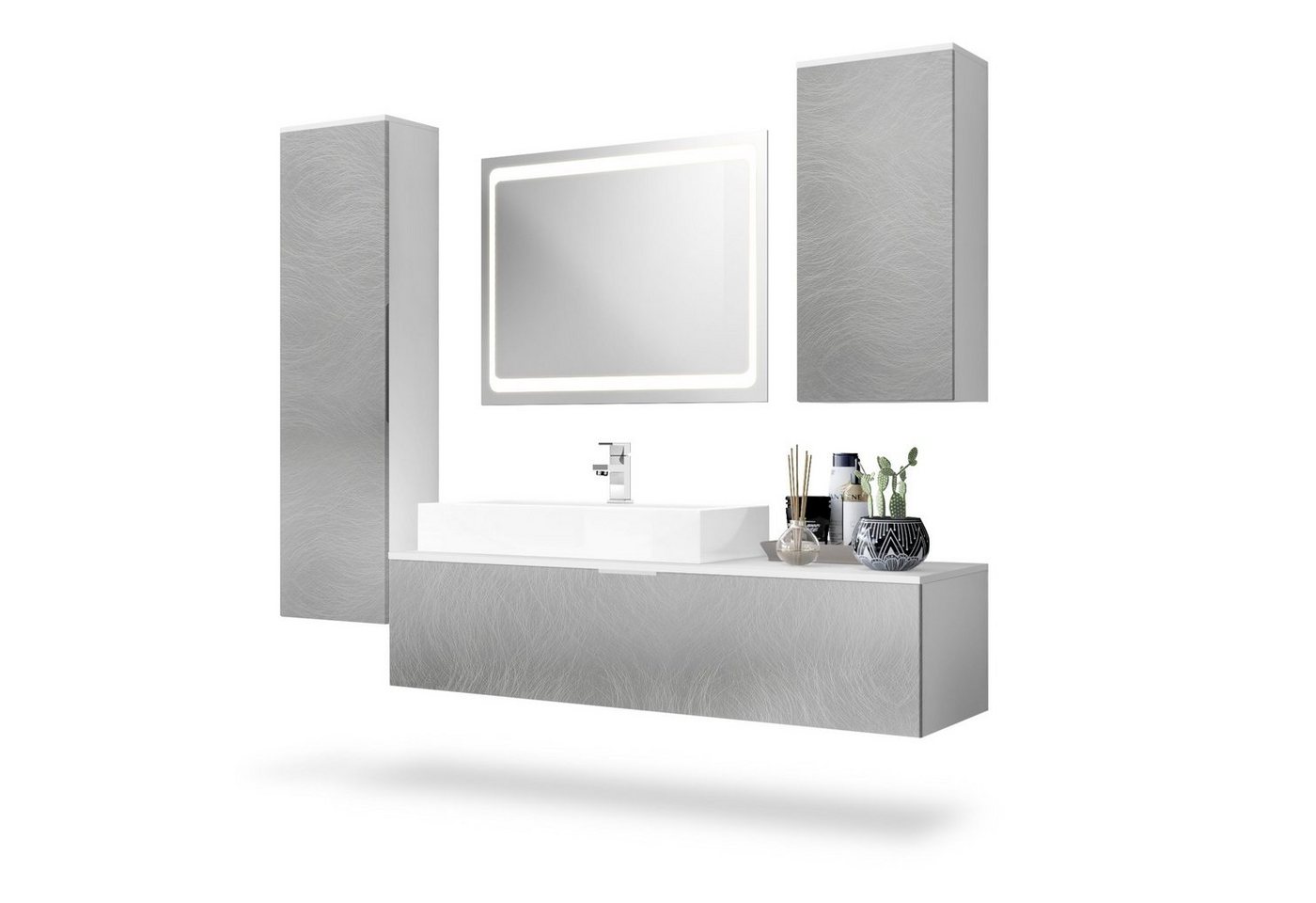 Vladon Badmöbel-Set Beach, (Badezimmer-Set mit 2 Hochschränken, 1 Unterschrank, 1 LED-Spiegel, 1 Waschbecken und Armatur), Korpus Weiß matt/Fronten Scratchy metal (189 x 193 x 51 cm) von Vladon