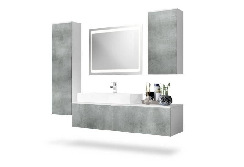 Vladon Badmöbel-Set Beach, (Badezimmer-Set mit 2 Hochschränken, 1 Unterschrank, LED-Spiegel, Waschbecken und Armatur), Korpus Weiß matt/Fronten Beton Dunkel Optik (189 x 193 x 51 cm) von Vladon