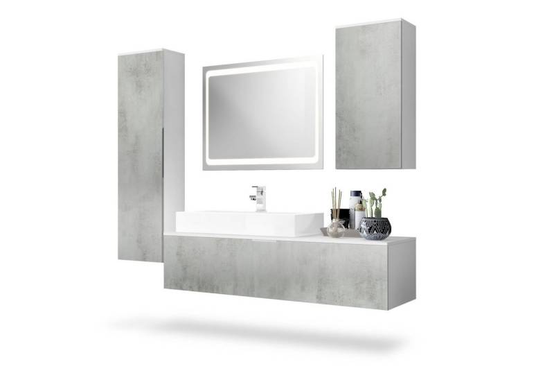 Vladon Badmöbel-Set Beach, (Badezimmer-Set mit 2 Hochschränken, 1 Unterschrank, LED-Spiegel, Waschbecken und Armatur), Korpus Weiß matt/Fronten Beton Oxid Optik (189 x 193 x 51 cm) von Vladon