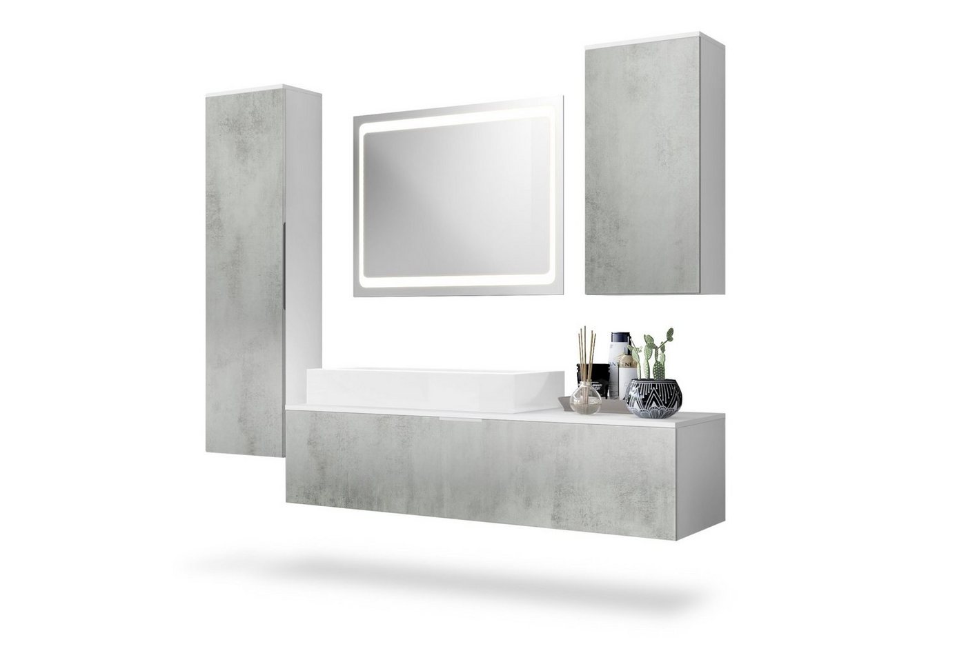 Vladon Badmöbel-Set Beach, (Badezimmer-Set mit 2 Hochschränken, 1 Unterschrank, 1 LED-Spiegel und 1 Waschbecken), Korpus Weiß matt/Fronten Beton Oxid Optik (189 x 193 x 51 cm) von Vladon