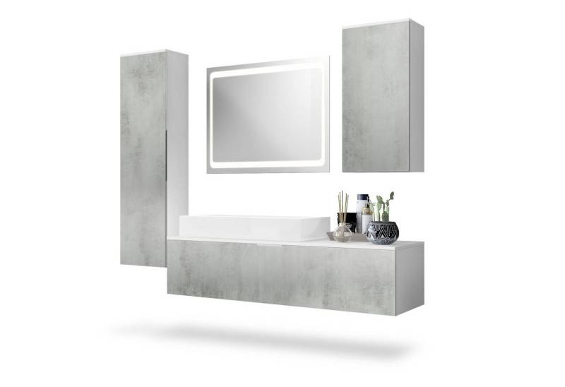 Vladon Badmöbel-Set Beach, (Badezimmer-Set mit 2 Hochschränken, 1 Unterschrank, 1 LED-Spiegel und 1 Waschbecken), Korpus Weiß matt/Fronten Beton Oxid Optik (189 x 193 x 51 cm) von Vladon