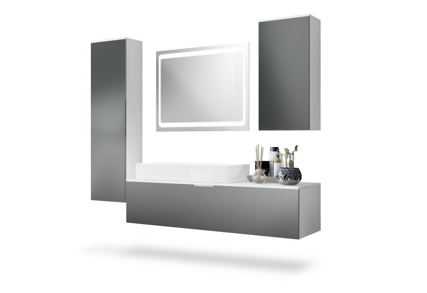 Vladon Badmöbel-Set Beach, (Badezimmer-Set mit 2 Hochschränken, 1 Unterschrank, 1 LED-Spiegel und 1 Waschbecken), Korpus Weiß matt/Fronten Graphit seidenmatt (189 x 193 x 51 cm) von Vladon
