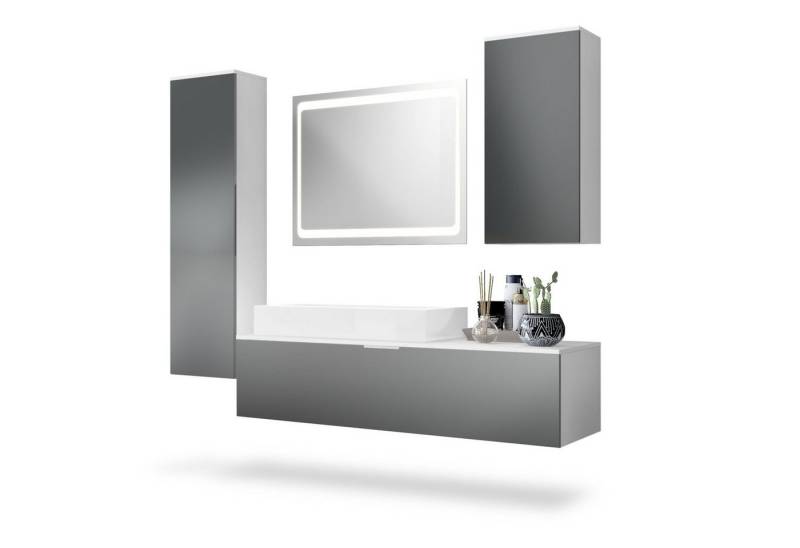 Vladon Badmöbel-Set Beach, (Badezimmer-Set mit 2 Hochschränken, 1 Unterschrank, 1 LED-Spiegel und 1 Waschbecken), Korpus Weiß matt/Fronten Graphit seidenmatt (189 x 193 x 51 cm) von Vladon