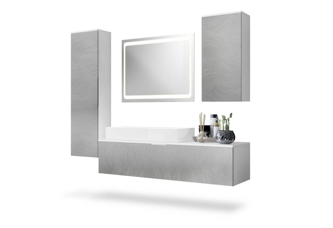 Vladon Badmöbel-Set Beach, (Badezimmer-Set mit 2 Hochschränken, 1 Unterschrank, 1 LED-Spiegel und 1 Waschbecken), Korpus Weiß matt/Fronten Scratchy metal (189 x 193 x 51 cm) von Vladon