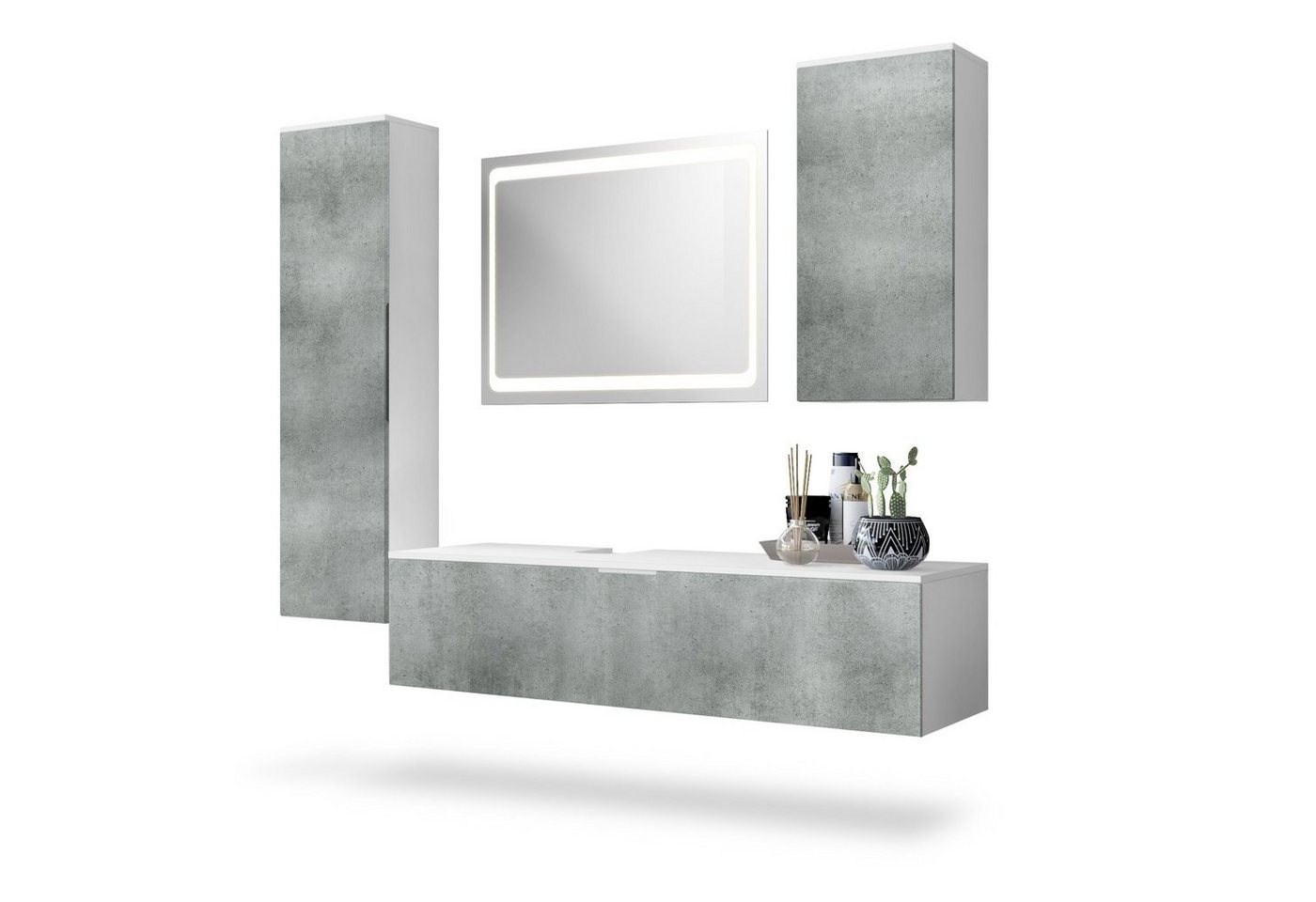 Vladon Badmöbel-Set Beach, (Badezimmer-Set mit 2 Hochschränken, 1 Unterschrank und 1 LED-Spiegel), Korpus Weiß matt/Fronten Beton Dunkel Optik (189 x 193 x 51 cm) von Vladon