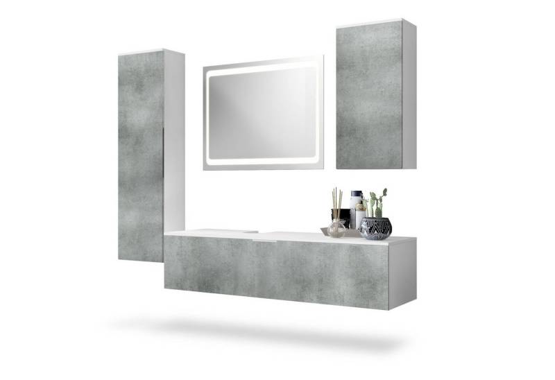 Vladon Badmöbel-Set Beach, (Badezimmer-Set mit 2 Hochschränken, 1 Unterschrank und 1 LED-Spiegel), Korpus Weiß matt/Fronten Beton Dunkel Optik (189 x 193 x 51 cm) von Vladon