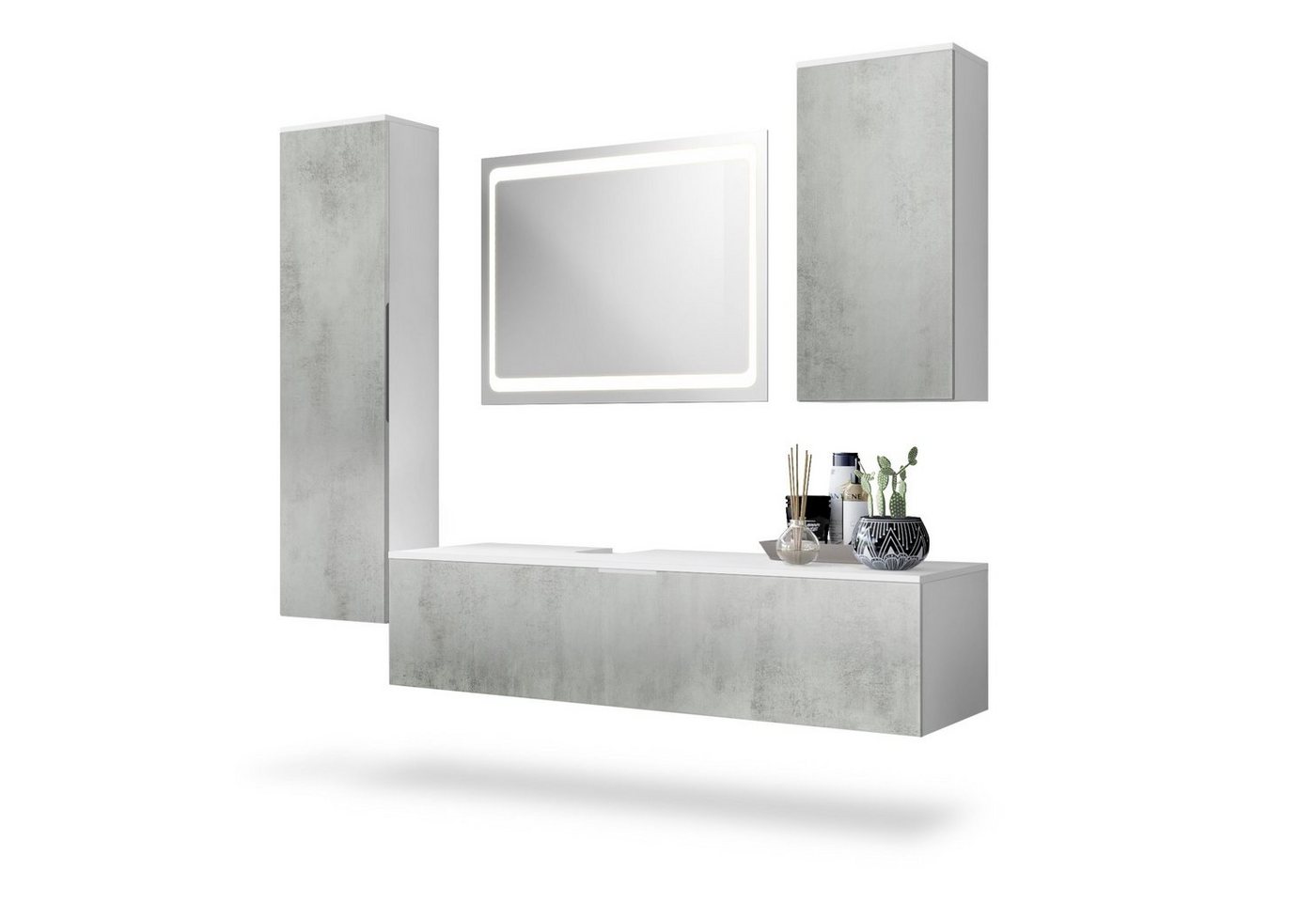 Vladon Badmöbel-Set Beach, (Badezimmer-Set mit 2 Hochschränken, 1 Unterschrank und 1 LED-Spiegel), Korpus Weiß matt/Fronten Beton Oxid Optik (189 x 193 x 51 cm) von Vladon
