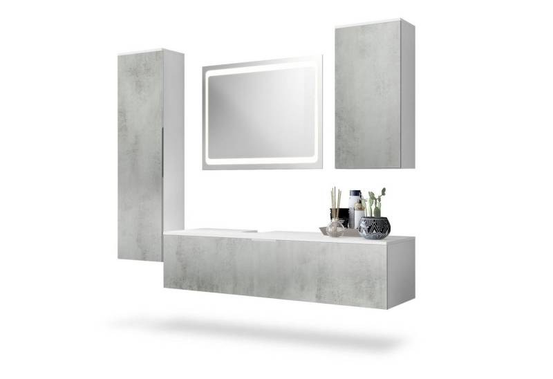 Vladon Badmöbel-Set Beach, (Badezimmer-Set mit 2 Hochschränken, 1 Unterschrank und 1 LED-Spiegel), Korpus Weiß matt/Fronten Beton Oxid Optik (189 x 193 x 51 cm) von Vladon