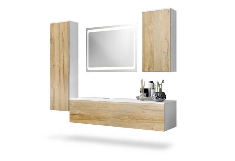 Vladon Badmöbel-Set Beach, (Badezimmer-Set mit 2 Hochschränken, 1 Unterschrank und 1 LED-Spiegel), Korpus Weiß matt/Fronten Eiche Natur (189 x 193 x 51 cm) von Vladon