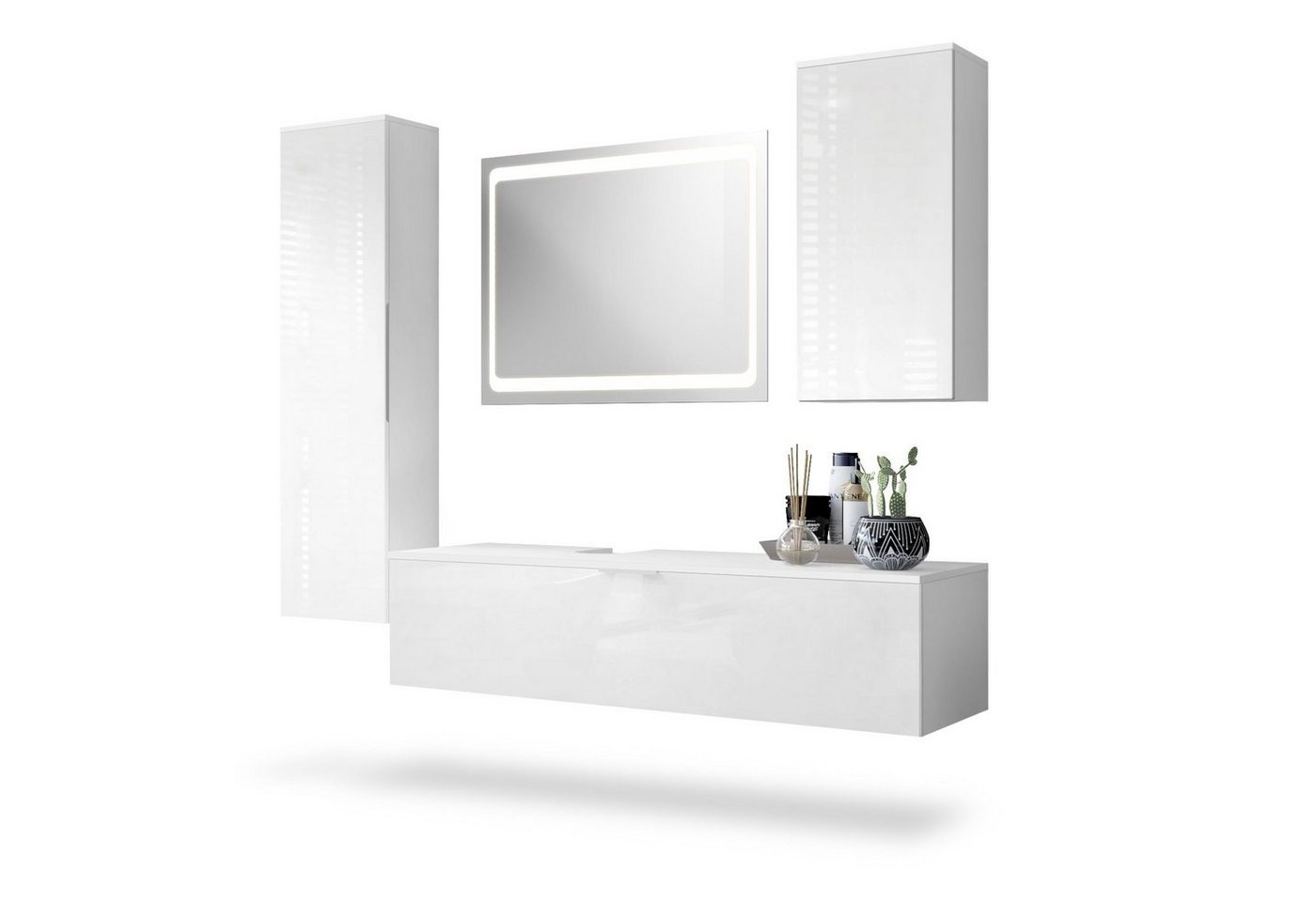 Vladon Badmöbel-Set Beach, (Badezimmer-Set mit 2 Hochschränken, 1 Unterschrank und 1 LED-Spiegel), Korpus Weiß matt/Fronten Weiß Hochglanz (189 x 193 x 51 cm) von Vladon