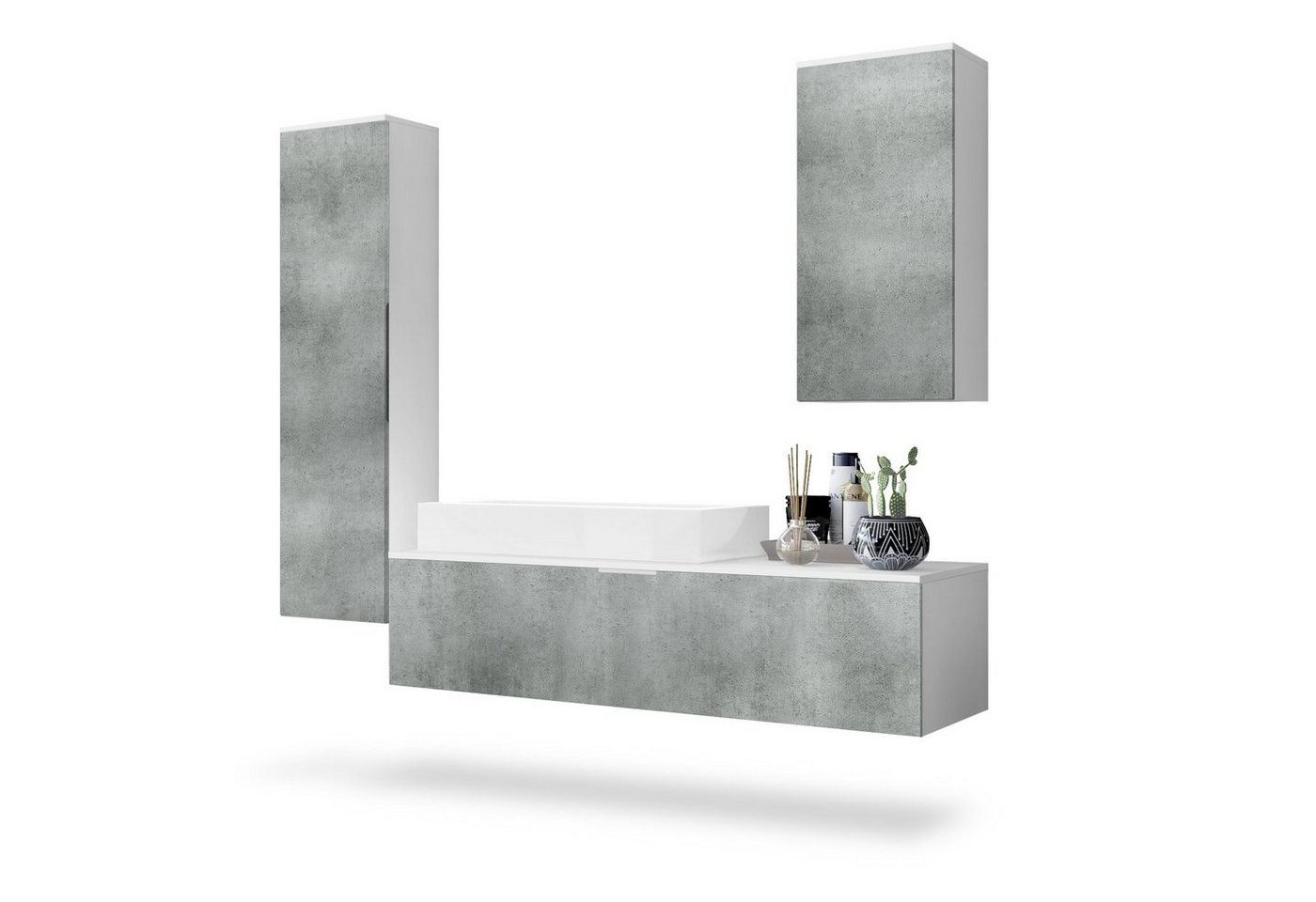 Vladon Badmöbel-Set Beach, (Badezimmer-Set mit 2 Hochschränken, 1 Unterschrank und 1 Waschbecken), Korpus Weiß matt/Fronten Beton Dunkel Optik (189 x 193 x 51 cm) von Vladon