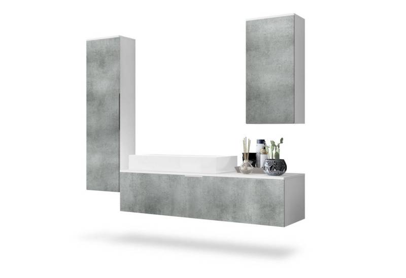 Vladon Badmöbel-Set Beach, (Badezimmer-Set mit 2 Hochschränken, 1 Unterschrank und 1 Waschbecken), Korpus Weiß matt/Fronten Beton Dunkel Optik (189 x 193 x 51 cm) von Vladon