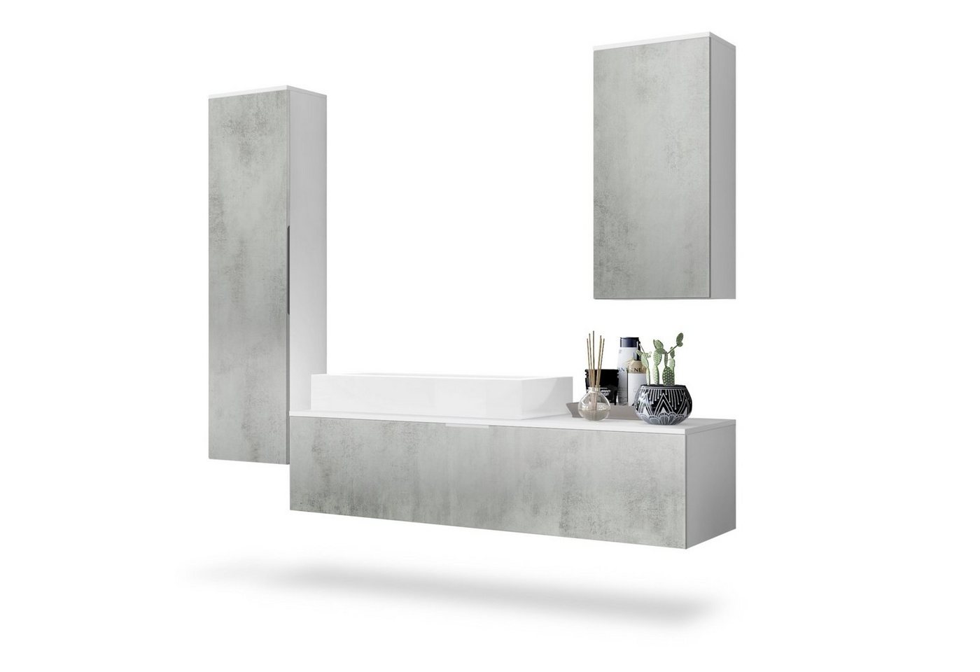 Vladon Badmöbel-Set Beach, (Badezimmer-Set mit 2 Hochschränken, 1 Unterschrank und 1 Waschbecken), Korpus Weiß matt/Fronten Beton Oxid Optik (189 x 193 x 51 cm) von Vladon