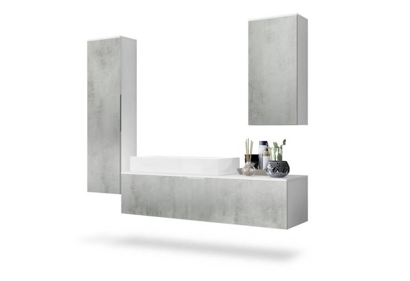 Vladon Badmöbel-Set Beach, (Badezimmer-Set mit 2 Hochschränken, 1 Unterschrank und 1 Waschbecken), Korpus Weiß matt/Fronten Beton Oxid Optik (189 x 193 x 51 cm) von Vladon