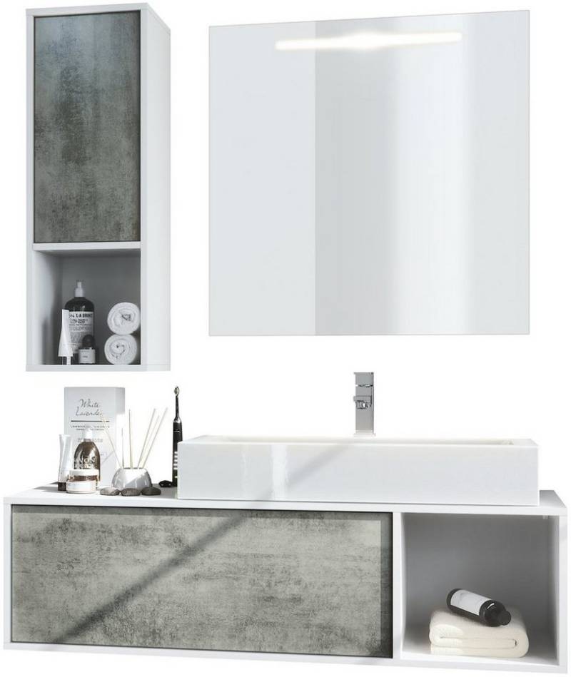 Vladon Badmöbel-Set La Costa, (Badezimmer-Set mit 1 Hängeschrank, 1 Unterschrank, 1 LED-Spiegel, 1 Waschbecken und Armatur), Korpus Weiß matt/Fronten Beton Dunkel Optik (126,5 x 195 x 46 cm) von Vladon