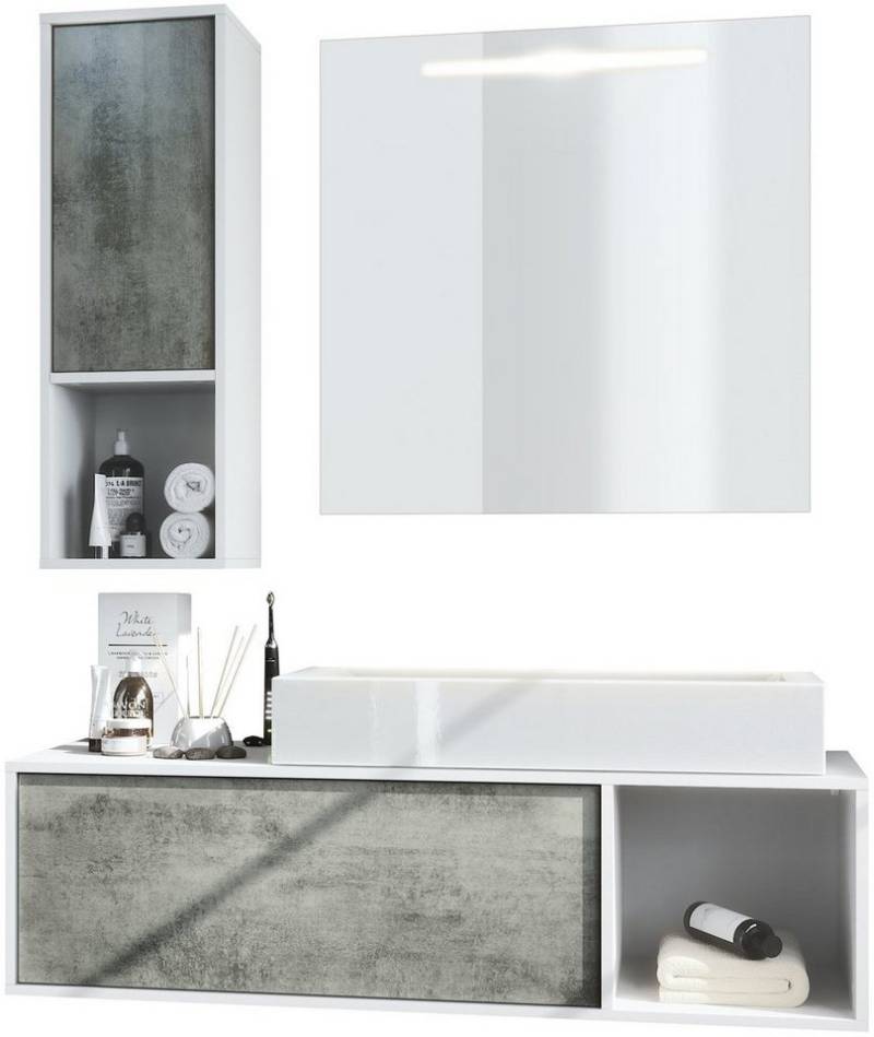 Vladon Badmöbel-Set La Costa, (Badezimmer-Set mit 1 Hängeschrank, 1 Unterschrank, 1 LED-Spiegel und 1 Waschbecken), Korpus Weiß matt/Fronten Beton Dunkel Optik (126,5 x 195 x 46 cm) von Vladon