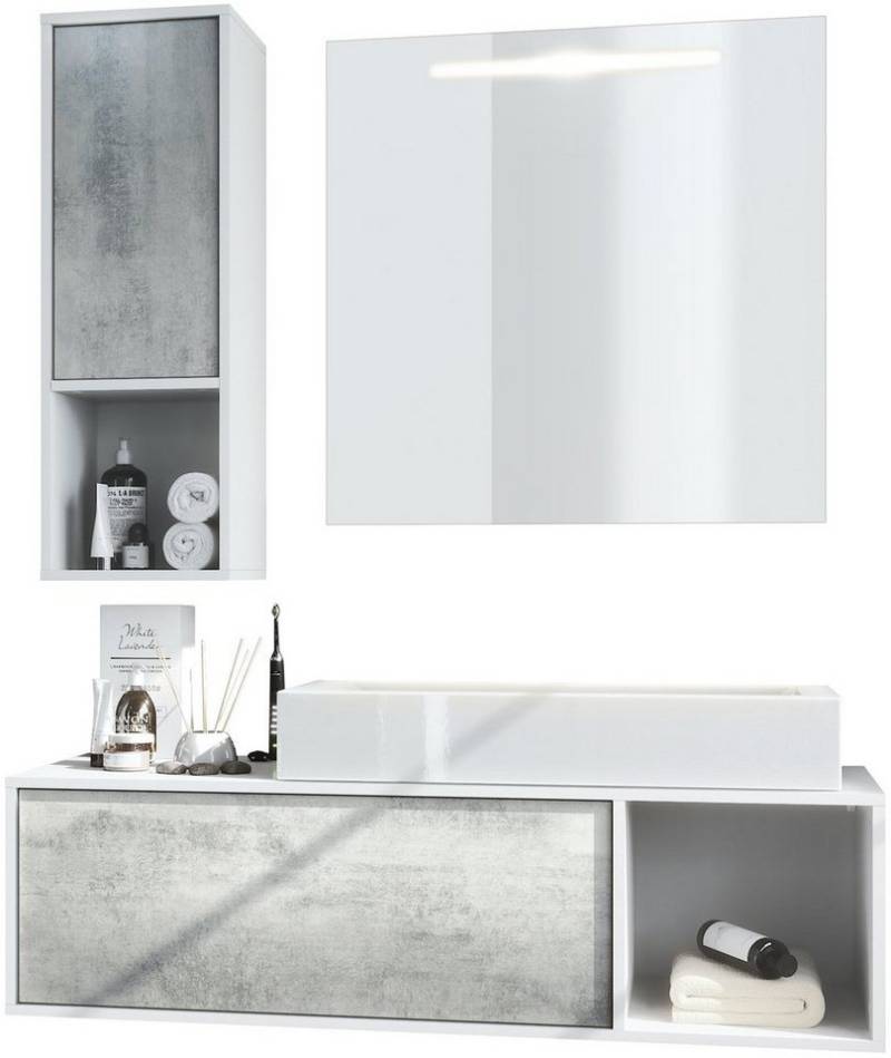 Vladon Badmöbel-Set La Costa, (Badezimmer-Set mit 1 Hängeschrank, 1 Unterschrank, 1 LED-Spiegel und 1 Waschbecken), Korpus Weiß matt/Fronten Beton Oxid Optik (126,5 x 195 x 46 cm) von Vladon