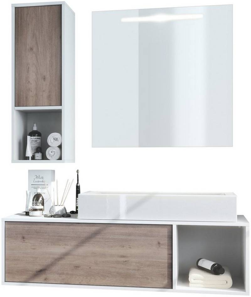 Vladon Badmöbel-Set La Costa, (Badezimmer-Set mit 1 Hängeschrank, 1 Unterschrank, 1 LED-Spiegel und 1 Waschbecken), Korpus Weiß matt/Fronten Eiche Nordic (126,5 x 195 x 46 cm) von Vladon