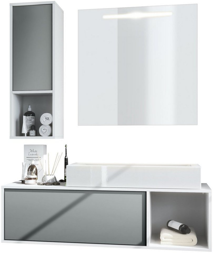 Vladon Badmöbel-Set La Costa, (Badezimmer-Set mit 1 Hängeschrank, 1 Unterschrank, 1 LED-Spiegel und 1 Waschbecken), Korpus Weiß matt/Fronten Graphit Seidenmatt (126,5 x 195 x 46 cm) von Vladon
