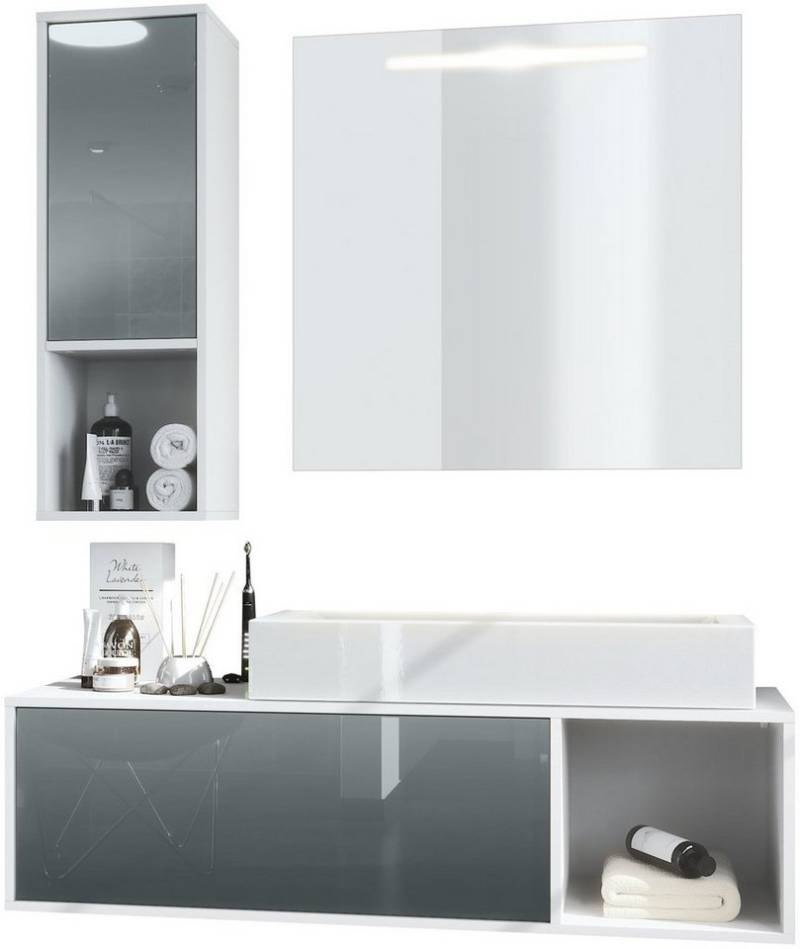 Vladon Badmöbel-Set La Costa, (Badezimmer-Set mit 1 Hängeschrank, 1 Unterschrank, 1 LED-Spiegel und 1 Waschbecken), Korpus Weiß matt/Fronten Grau Hochglanz (126,5 x 195 x 46 cm) von Vladon