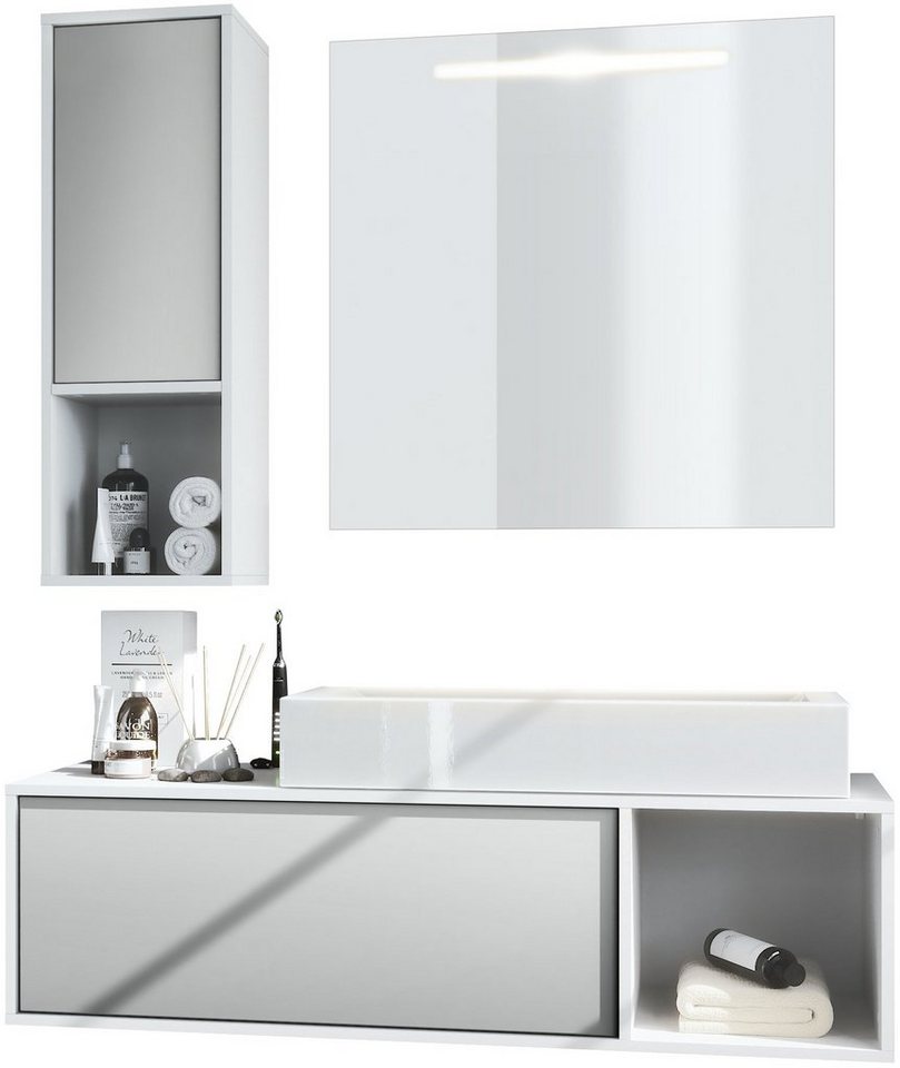 Vladon Badmöbel-Set La Costa, (Badezimmer-Set mit 1 Hängeschrank, 1 Unterschrank, 1 LED-Spiegel und 1 Waschbecken), Korpus Weiß matt/Fronten Hellgrau Seidenmatt (126,5 x 195 x 46 cm) von Vladon