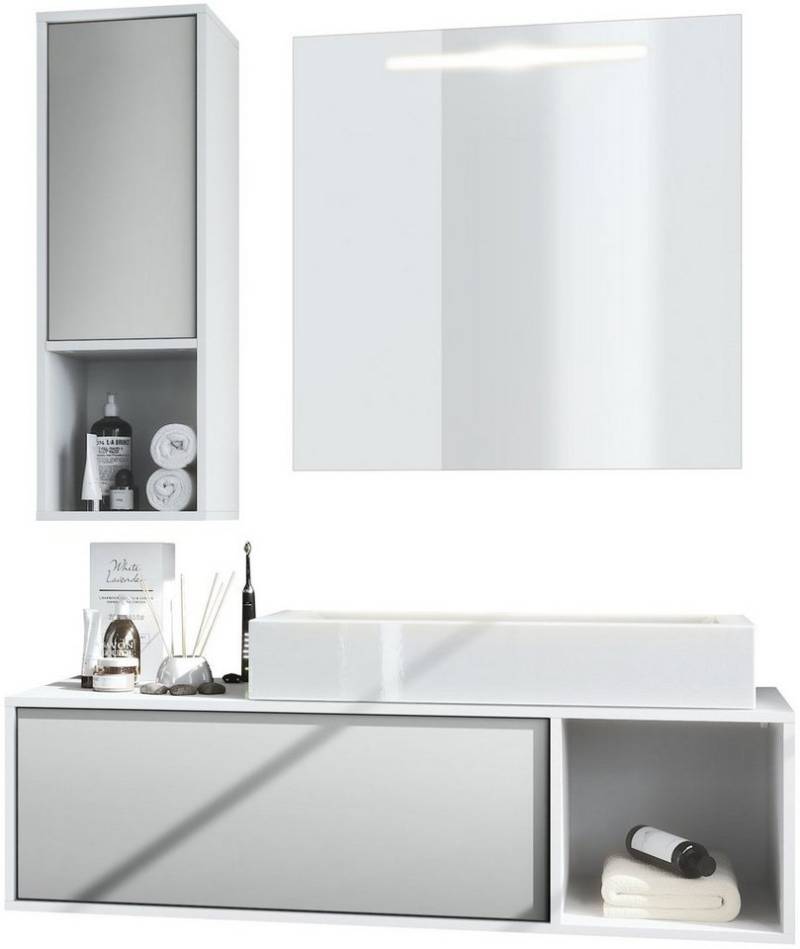 Vladon Badmöbel-Set La Costa, (Badezimmer-Set mit 1 Hängeschrank, 1 Unterschrank, 1 LED-Spiegel und 1 Waschbecken), Korpus Weiß matt/Fronten Hellgrau Seidenmatt (126,5 x 195 x 46 cm) von Vladon