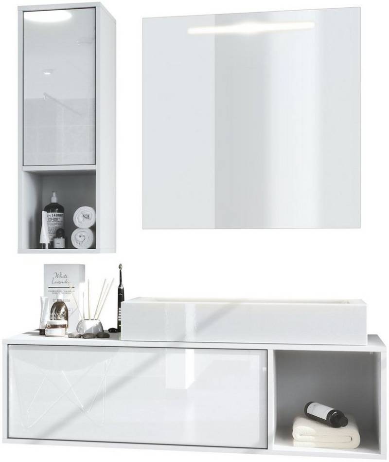 Vladon Badmöbel-Set La Costa, (Badezimmer-Set mit 1 Hängeschrank, 1 Unterschrank, 1 LED-Spiegel und 1 Waschbecken), Korpus Weiß matt/Fronten Weiß Hochglanz (126,5 x 195 x 46 cm) von Vladon