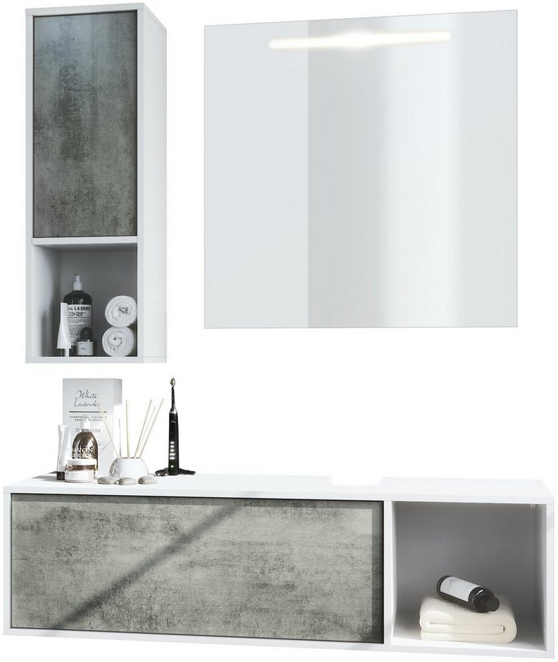 Vladon Badmöbel-Set La Costa, (Badezimmer-Set mit 1 Hängeschrank, 1 Unterschrank und 1 LED-Spiegel), Korpus Weiß matt/Fronten Beton Dunkel Optik (126,5 x 195 x 46 cm) von Vladon