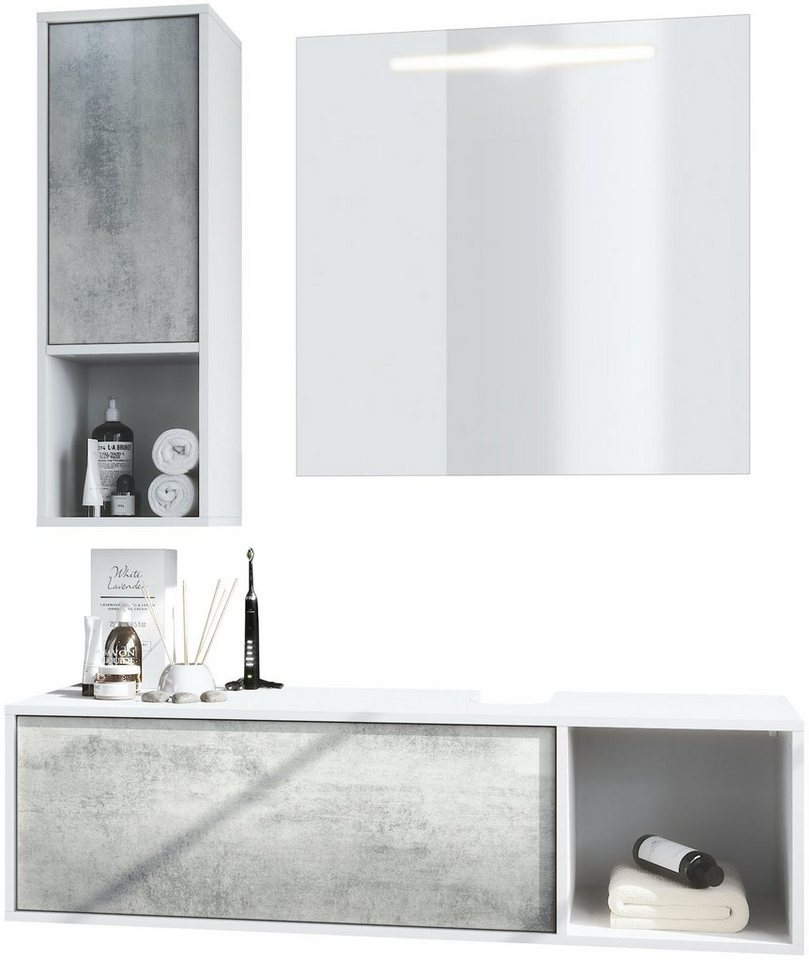 Vladon Badmöbel-Set La Costa, (Badezimmer-Set mit 1 Hängeschrank, 3-St., 1 Unterschrank und 1 LED-Spiegel), Korpus Weiß matt/Fronten Beton Oxid Optik (126,5 x 195 x 46 cm) von Vladon