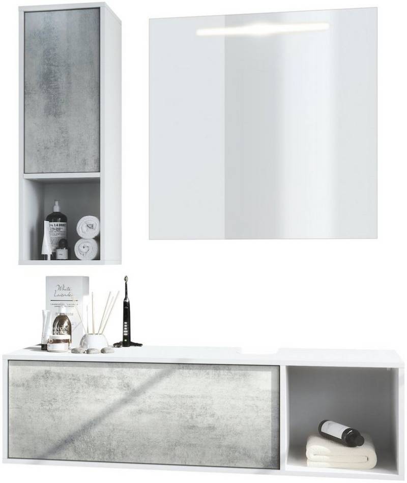 Vladon Badmöbel-Set La Costa, (Badezimmer-Set mit 1 Hängeschrank, 1 Unterschrank und 1 LED-Spiegel), Korpus Weiß matt/Fronten Beton Oxid Optik (126,5 x 195 x 46 cm) von Vladon