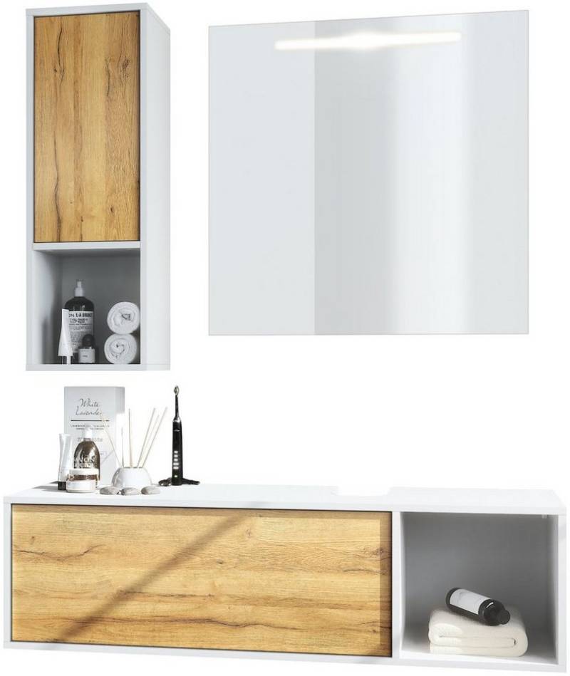 Vladon Badmöbel-Set La Costa, (Badezimmer-Set mit 1 Hängeschrank, 1 Unterschrank und 1 LED-Spiegel), Korpus Weiß matt/Fronten Eiche Natur (126,5 x 195 x 46 cm) von Vladon