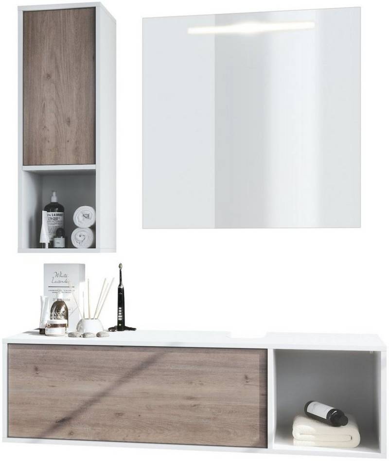 Vladon Badmöbel-Set La Costa, (Badezimmer-Set mit 1 Hängeschrank, 1 Unterschrank und 1 LED-Spiegel), Korpus Weiß matt/Fronten Eiche Nordic (126,5 x 195 x 46 cm) von Vladon