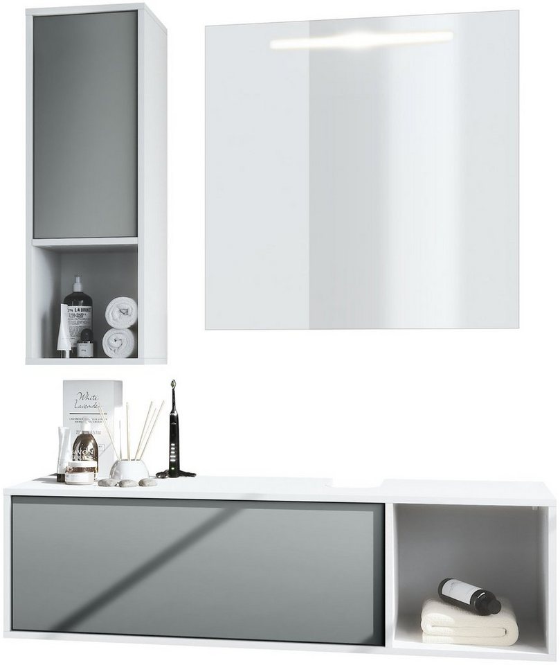 Vladon Badmöbel-Set La Costa, (Badezimmer-Set mit 1 Hängeschrank, 1 Unterschrank und 1 LED-Spiegel), Korpus Weiß matt/Fronten Graphit seidenmatt (126,5 x 195 x 46 cm) von Vladon