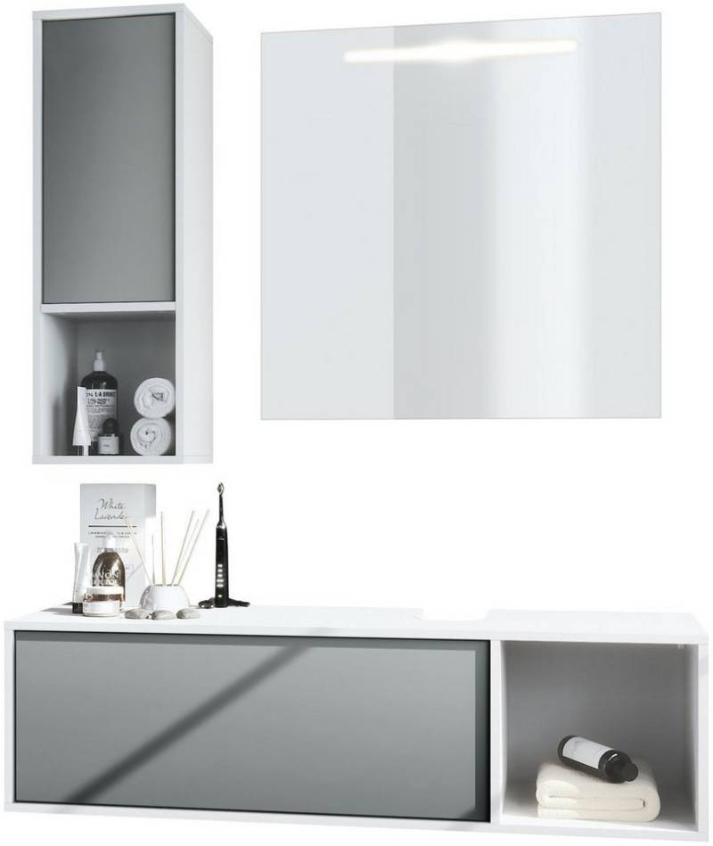 Vladon Badmöbel-Set La Costa, (Badezimmer-Set mit 1 Hängeschrank, 1 Unterschrank und 1 LED-Spiegel), Korpus Weiß matt/Fronten Graphit seidenmatt (126,5 x 195 x 46 cm) von Vladon