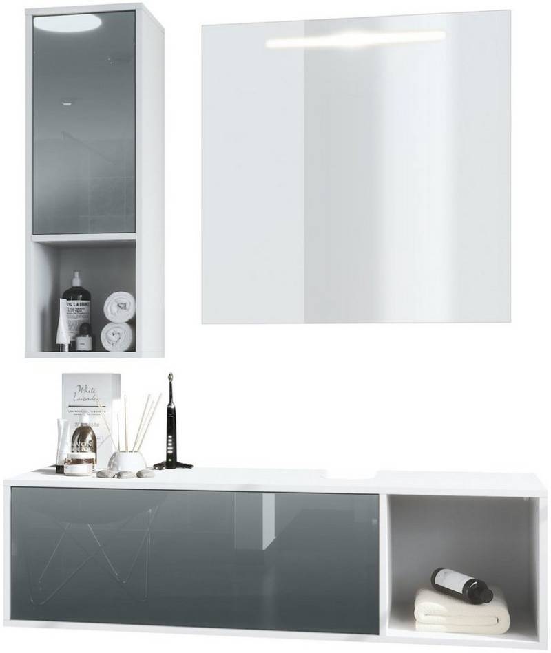 Vladon Badmöbel-Set La Costa, (Badezimmer-Set mit 1 Hängeschrank, 1 Unterschrank und 1 LED-Spiegel), Korpus Weiß matt/Fronten Grau Hochglanz (126,5 x 195 x 46 cm) von Vladon