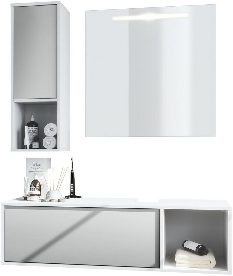 Vladon Badmöbel-Set La Costa, (Badezimmer-Set mit 1 Hängeschrank, 1 Unterschrank und 1 LED-Spiegel), Korpus Weiß matt/Fronten Hellgrau seidenmatt (126,5 x 195 x 46 cm) von Vladon