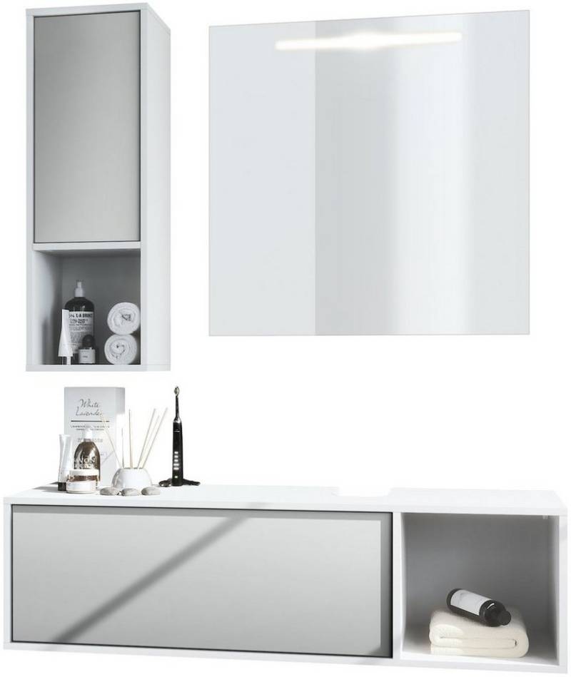 Vladon Badmöbel-Set La Costa, (Badezimmer-Set mit 1 Hängeschrank, 1 Unterschrank und 1 LED-Spiegel), Korpus Weiß matt/Fronten Hellgrau seidenmatt (126,5 x 195 x 46 cm) von Vladon