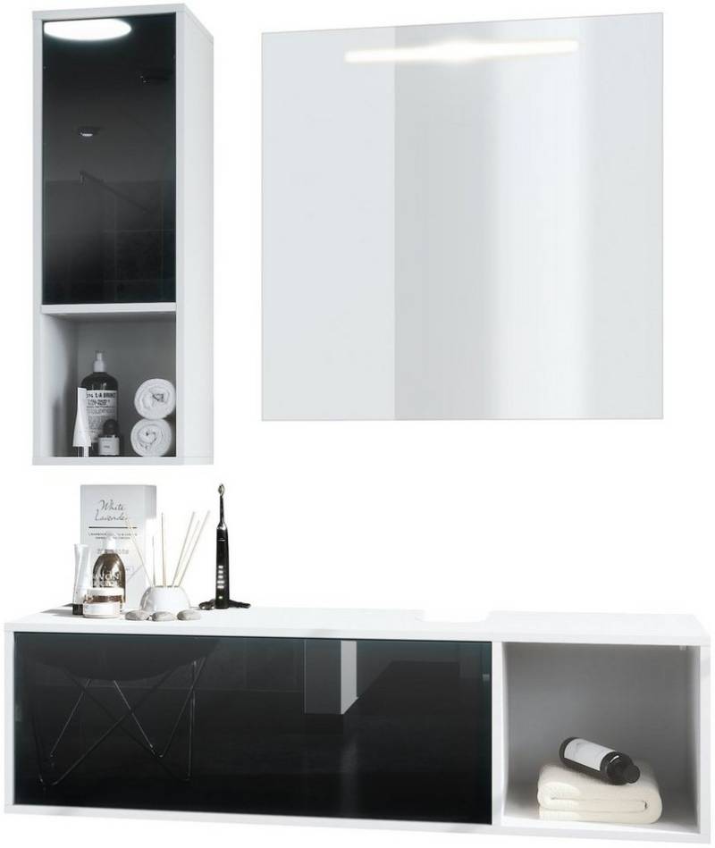 Vladon Badmöbel-Set La Costa, (Badezimmer-Set mit 1 Hängeschrank, 1 Unterschrank und 1 LED-Spiegel), Korpus Weiß matt/Fronten Schwarz Hochglanz (126,5 x 195 x 46 cm) von Vladon