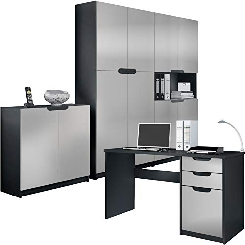 Vladon Büromöbel Arbeitszimmer komplett Set Logan, Made in Germany, Korpus in Schwarz matt/Fronten in Hellgrau seidenmatt von Vladon