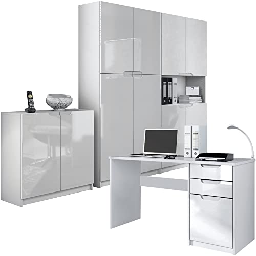 Vladon Büromöbel Arbeitszimmer komplett Set Logan, Made in Germany, Korpus in Weiß matt/Fronten in Weiß Hochglanz von Vladon