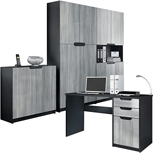 Vladon Büromöbel Arbeitszimmer komplett Set Logan, Made in Germany, Korpus in Schwarz matt/Fronten in Avola-Anthrazit von Vladon