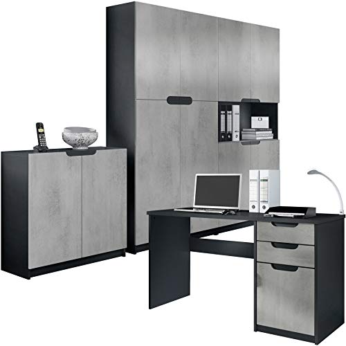 Vladon Büromöbel Arbeitszimmer komplett Set Logan, Made in Germany, Korpus in Schwarz matt/Fronten in Beton Oxid Optik von Vladon