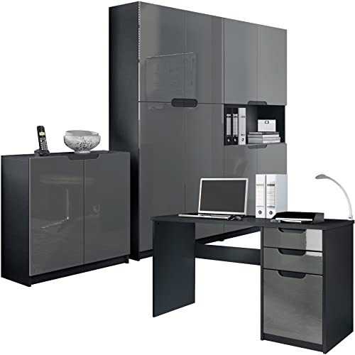 Vladon Büromöbel Arbeitszimmer komplett Set Logan, Made in Germany, Korpus in Schwarz matt/Fronten in Grau Hochglanz von Vladon