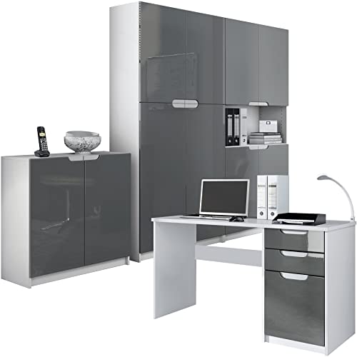 Vladon Büromöbel Arbeitszimmer komplett Set Logan, Made in Germany, Korpus in Weiß matt/Fronten in Grau Hochglanz von Vladon