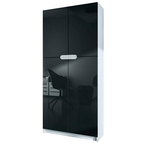 Vladon Büroschrank Logan V1, Made in Germany, Aktenschrank mit 5 Fächern und 4 Türen, Weiß matt/Schwarz Hochglanz (82 x 185 x 37 cm) von Vladon