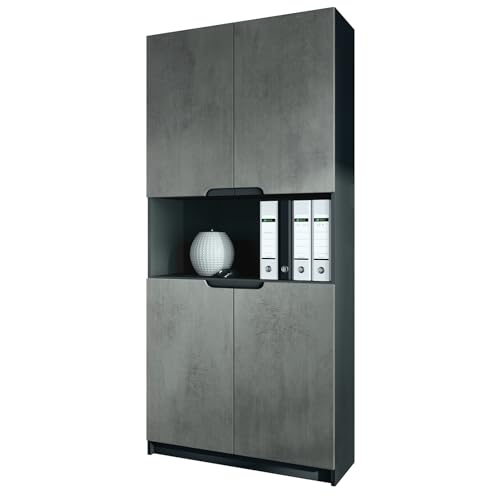 Vladon Büroschrank Logan V2, Made in Germany, Aktenschrank mit 5 Fächern und 4 Türen, Schwarz matt/Beton Dunkel Optik (82 x 184 x 37 cm) von Vladon