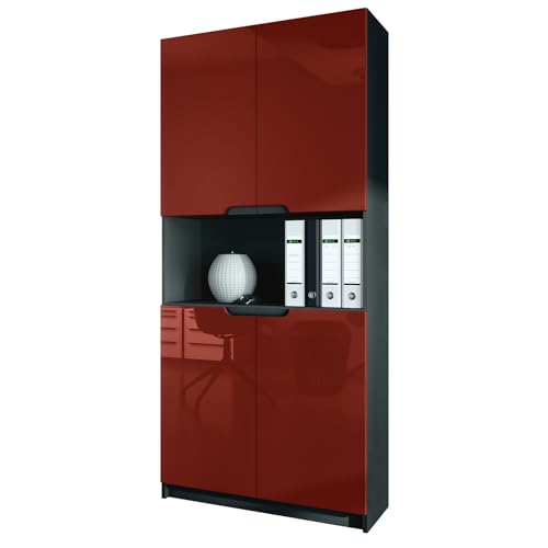 Vladon Büroschrank Logan V2, Made in Germany, Aktenschrank mit 5 Fächern und 4 Türen, Schwarz matt/Bordeaux Hochglanz (82 x 184 x 37 cm) von Vladon