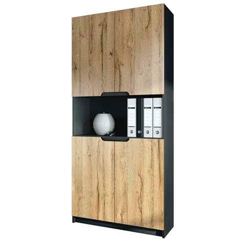 Vladon Büroschrank Logan V2, Made in Germany, Aktenschrank mit 5 Fächern und 4 Türen, Schwarz matt/Eiche Natur (82 x 184 x 37 cm) von Vladon