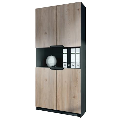 Vladon Büroschrank Logan V2, Made in Germany, Aktenschrank mit 5 Fächern und 4 Türen, Schwarz matt/Eiche Nordic (82 x 184 x 37 cm) von Vladon